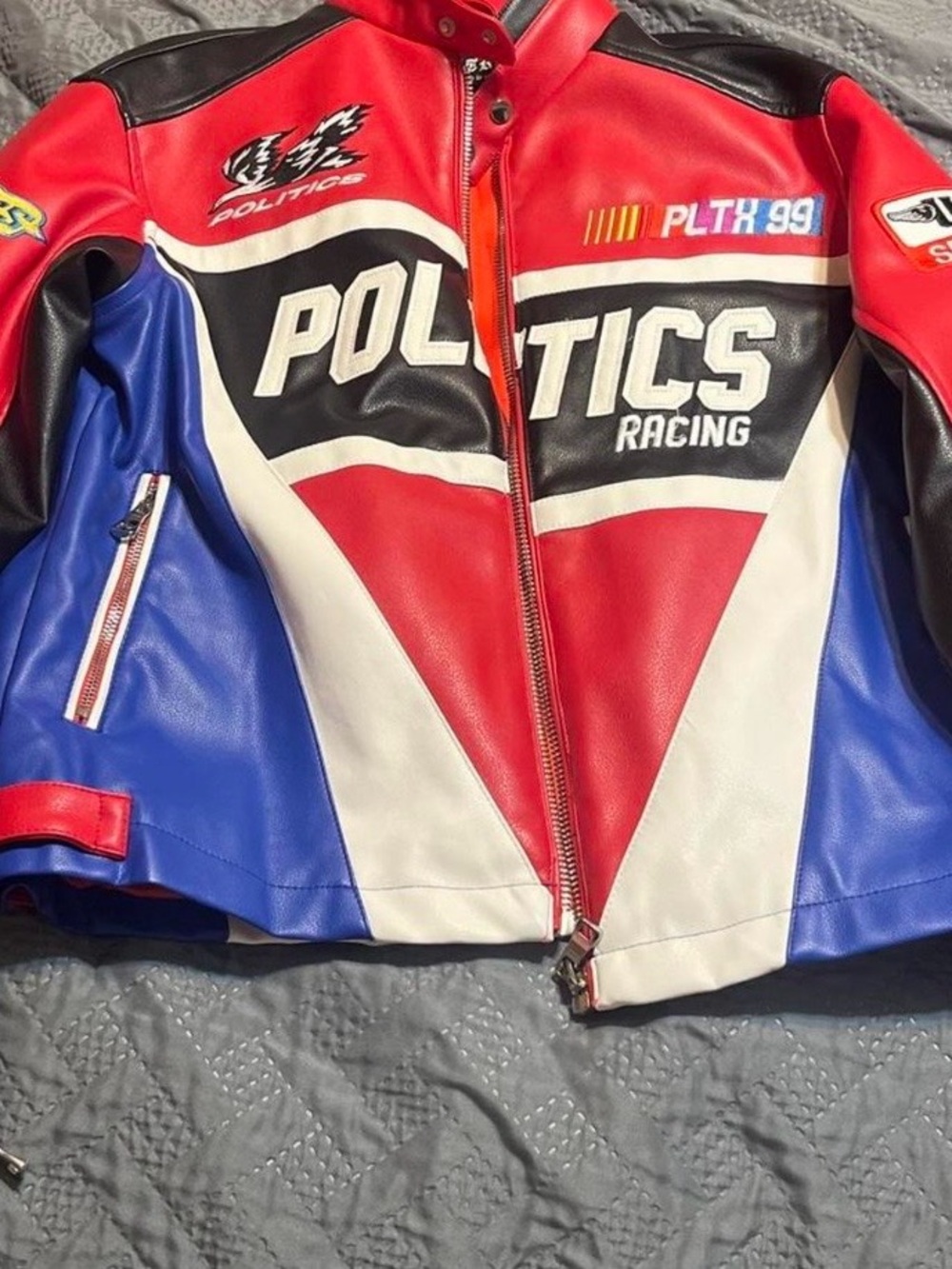 Racing Colorblock Faux-Leather Bomber Jacket - Red/Blue/White